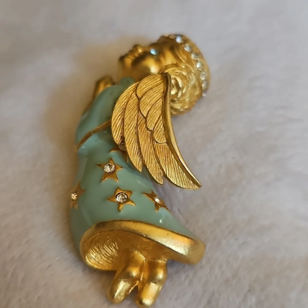 Vintage Goldtone and Mint Cherub Star Angel Brooch